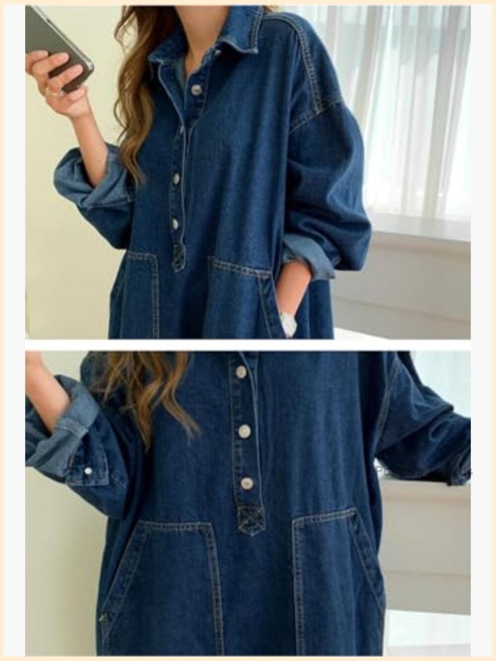 Casual Long Sleeve Maxi Denim Dress 1/2 Button Down Tunic Swing Dress - Picture 6 of 6